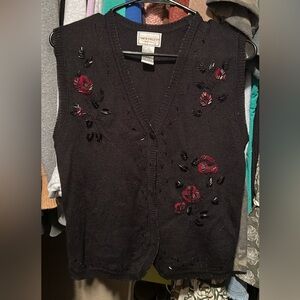 Black Vintage Grandma Embroidered Flower Beads Sweater Vest size medium